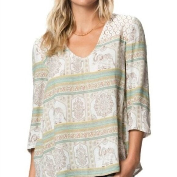 O'Neill Green & White Eyelet Lace Elephant Printed 3/4 Long Sleeve Blouse S - Picture 1 of 6